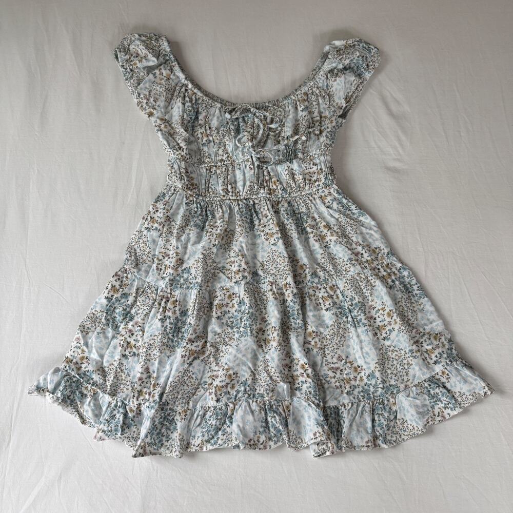 Aeropostale Cottagecore Floral Mini Dress Size Large Light Blue Smock Tie Front